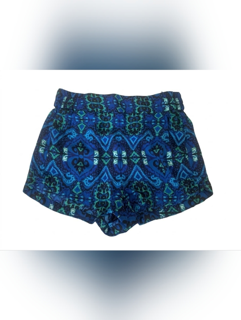 Women's Blue Green Patterned Elastic Waist Boho Festival Summer Shorts S